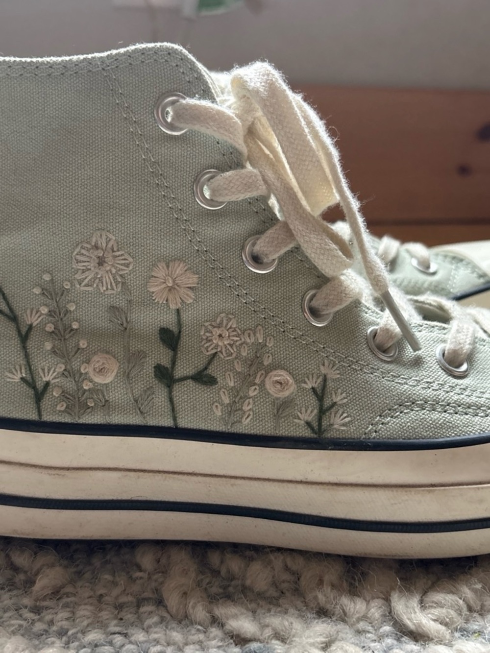 Converse Light Sage High-Top Sneakers with Cream Floral Embroidery